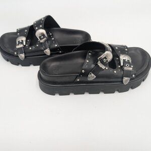 Zara Black Studded Leather Slide Sandals with Silver Buckles 40